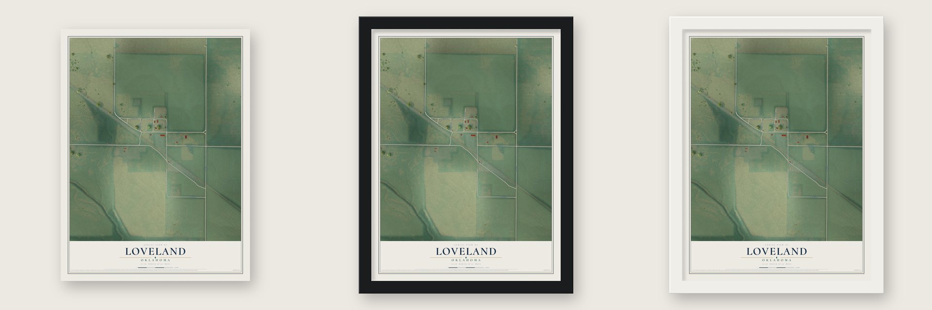 Loveland, Oklahoma map unframed, in a black wood frame and in a white wood frame