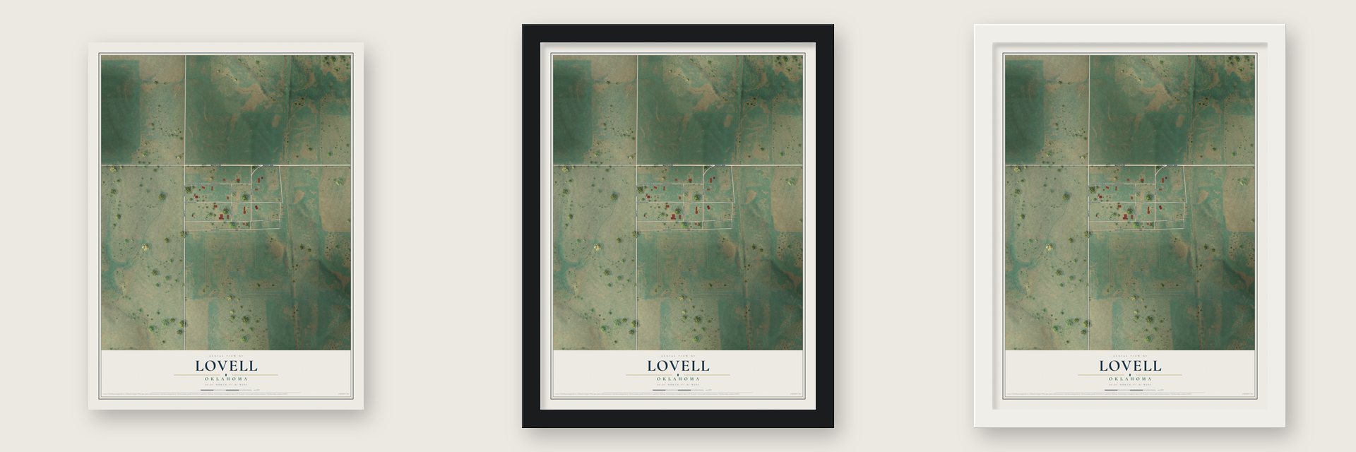 Lovell, Oklahoma map unframed, in a black wood frame and in a white wood frame