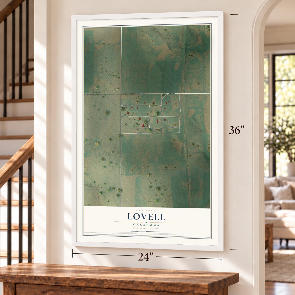 Lovell, Oklahoma map, 24 x 36 inch print in a white frame by a staircase