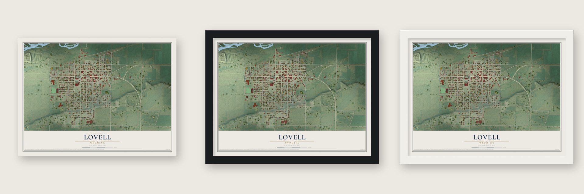 Lovell, Wyoming map unframed, in a black wood frame and in a white wood frame