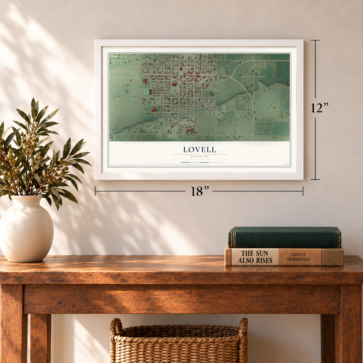 Lovell, Wyoming map, 12 x 18 inch print in a white frame in an entryway