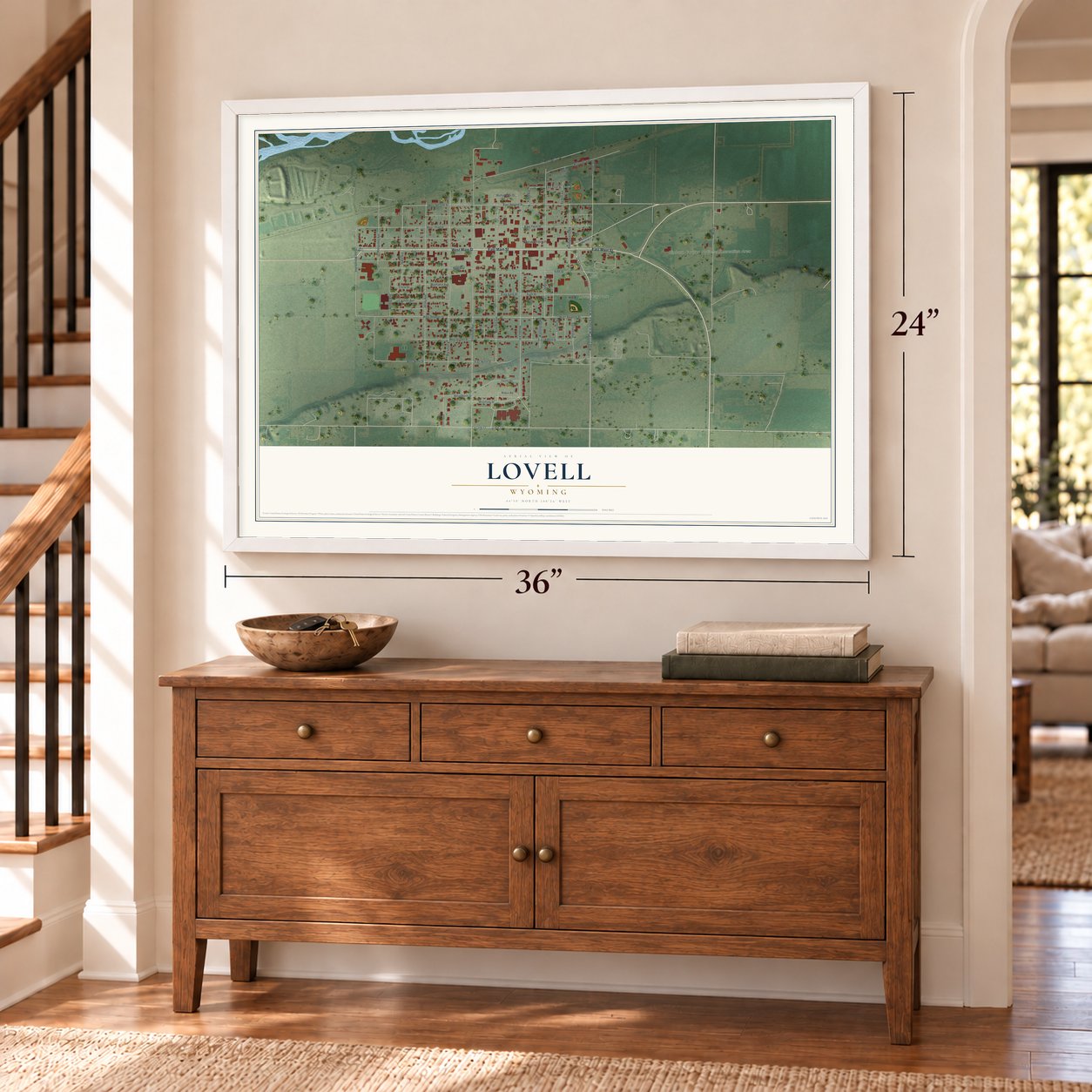 Lovell, Wyoming map, 24 x 36 inch print in a white frame above a dresser by a staircase