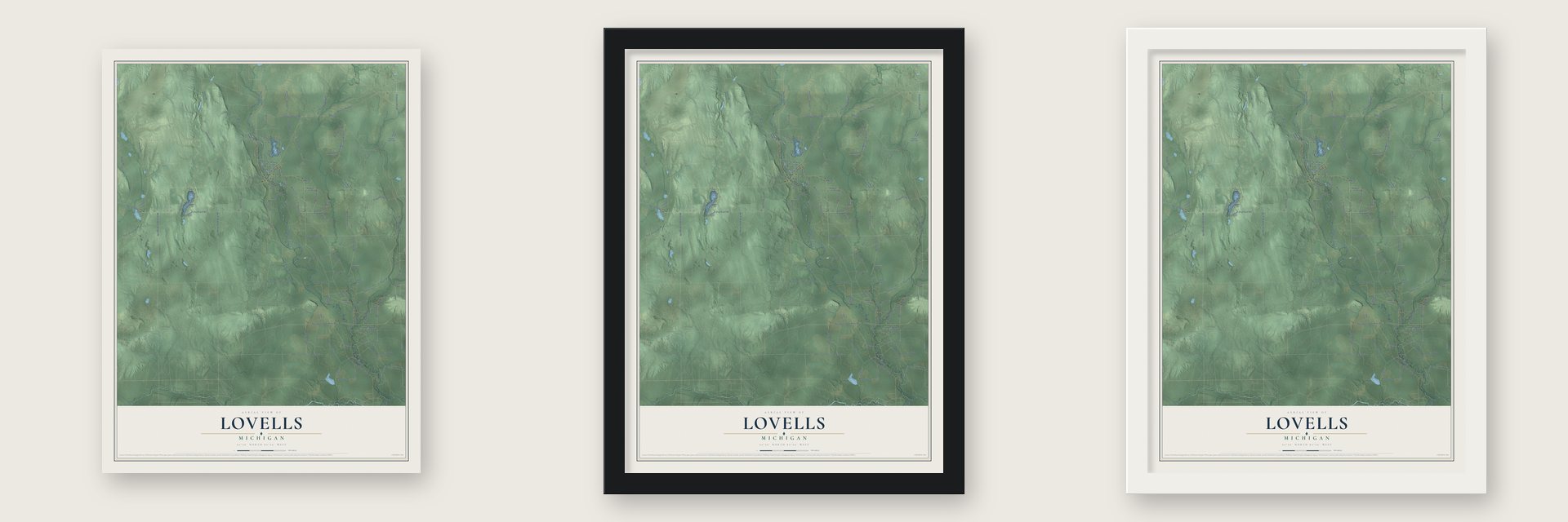 Lovells, Michigan map unframed, in a black wood frame and in a white wood frame