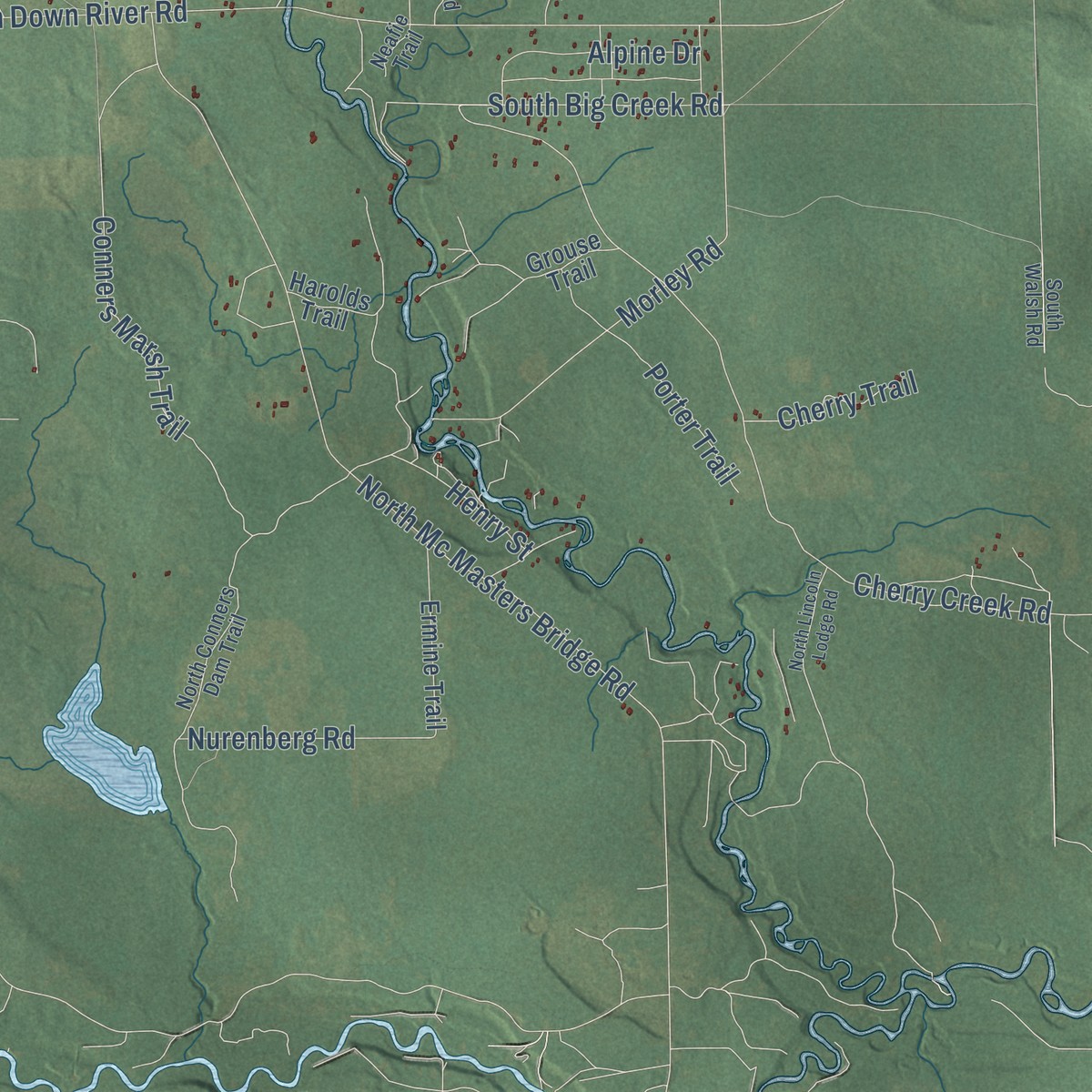 Second close-up of the map of Lovells, Michigan print showing more streets and buildings