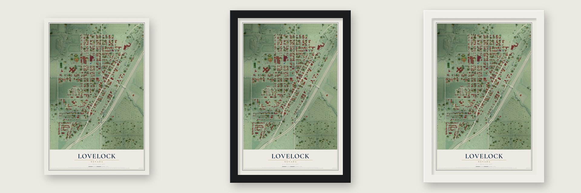Lovelock, Nevada map unframed, in a black wood frame and in a white wood frame
