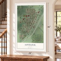 Lovelock, Nevada map, 24 x 36 inch print in a white frame by a staircase