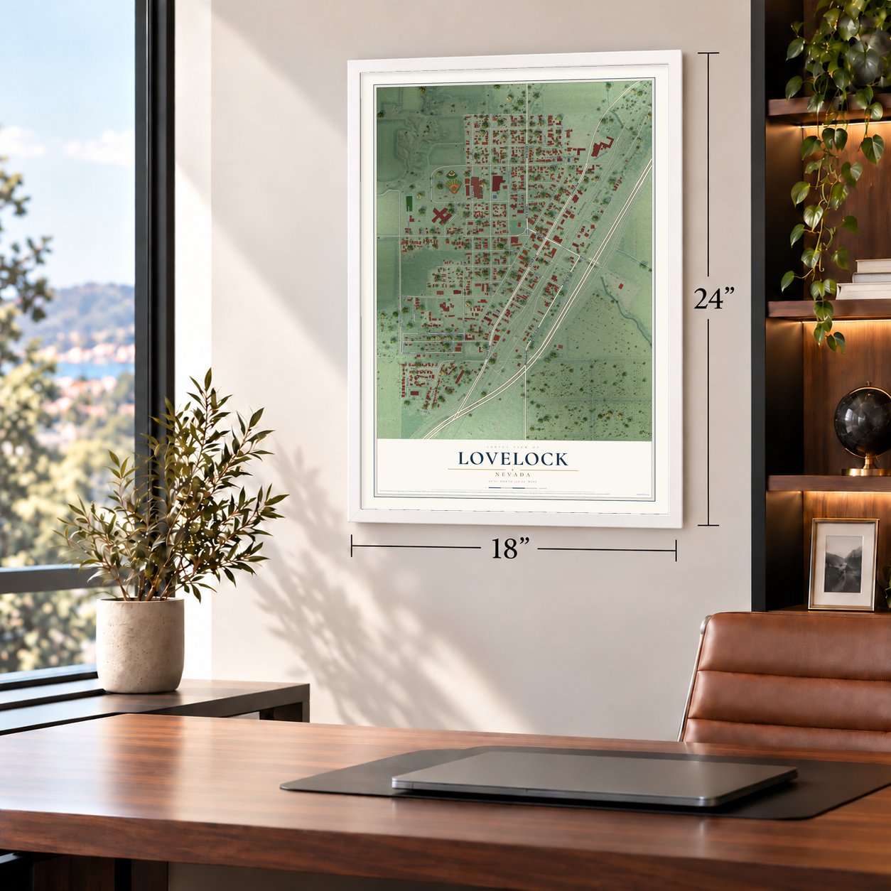 Lovelock, Nevada map, 18 x 24 inch print in a white frame in a home office