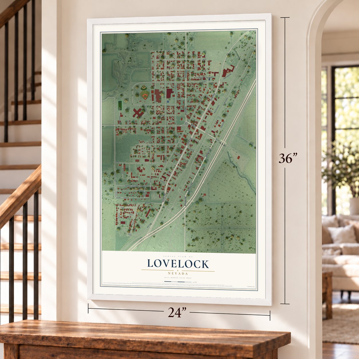 Lovelock, Nevada map, 24 x 36 inch print in a white frame by a staircase