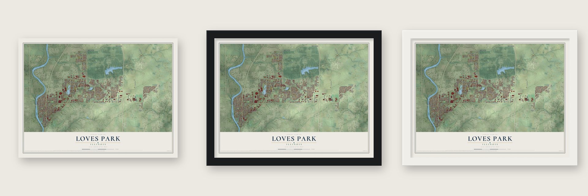 Loves Park, Illinois map unframed, in a black wood frame and in a white wood frame