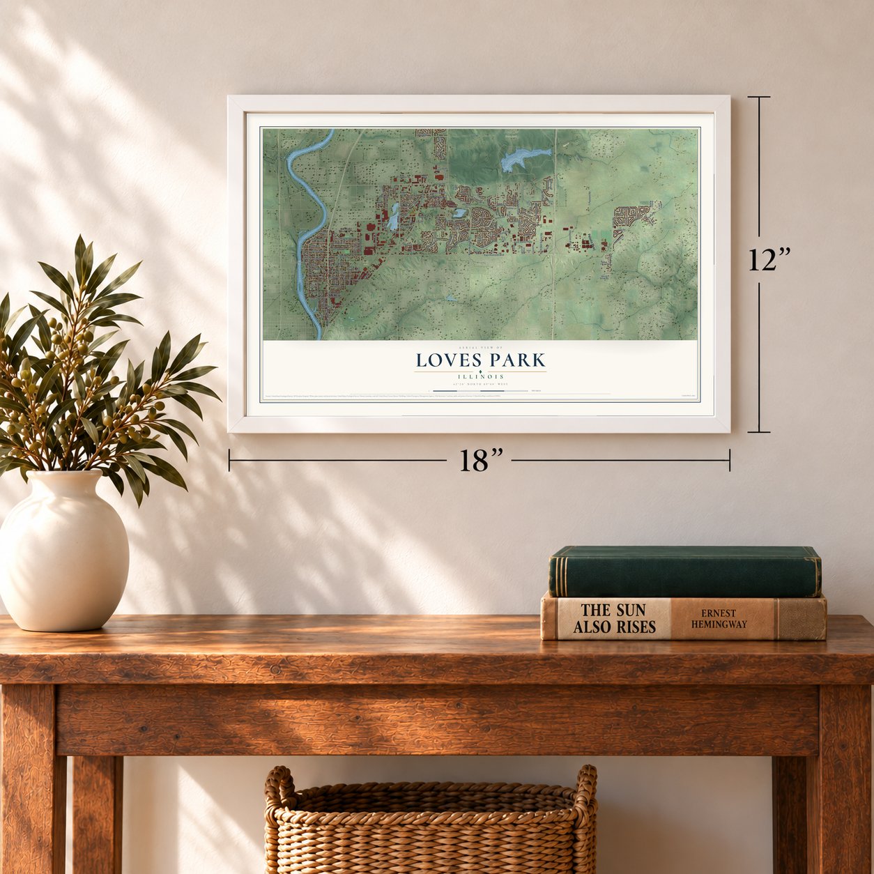 Loves Park, Illinois map, 12 x 18 inch print in a white frame in an entryway
