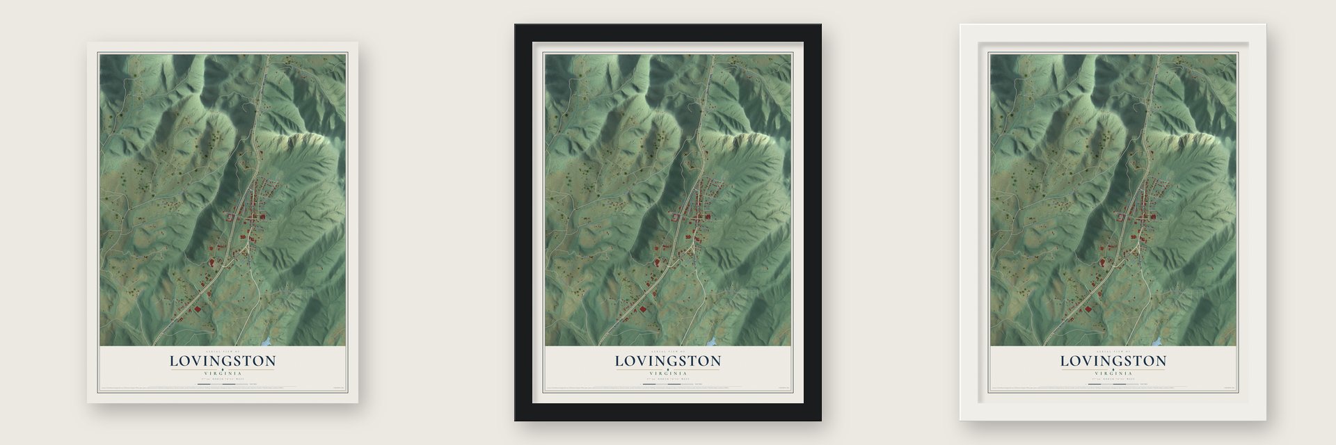 Lovingston, Virginia map unframed, in a black wood frame and in a white wood frame