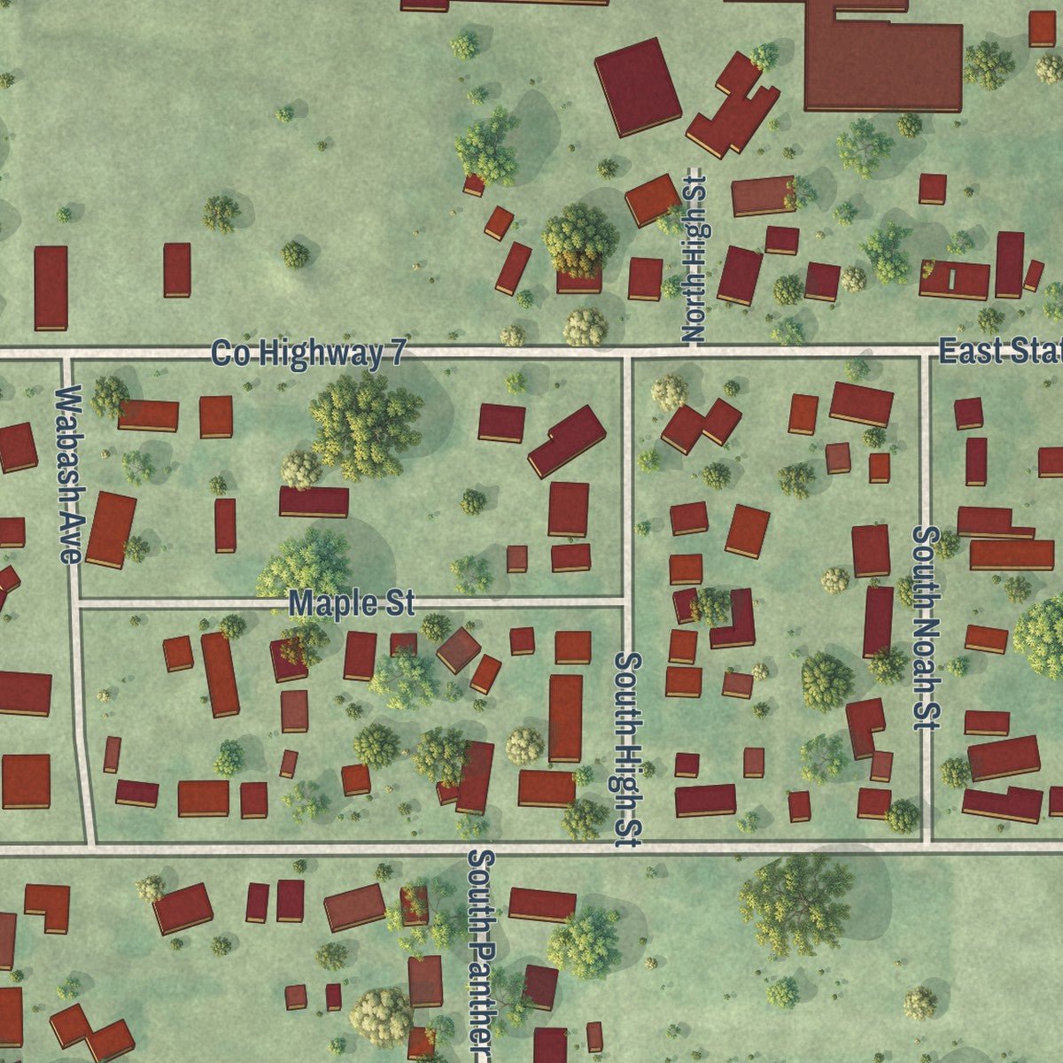 Second close-up of the map of Lovington, Illinois print showing more streets and buildings