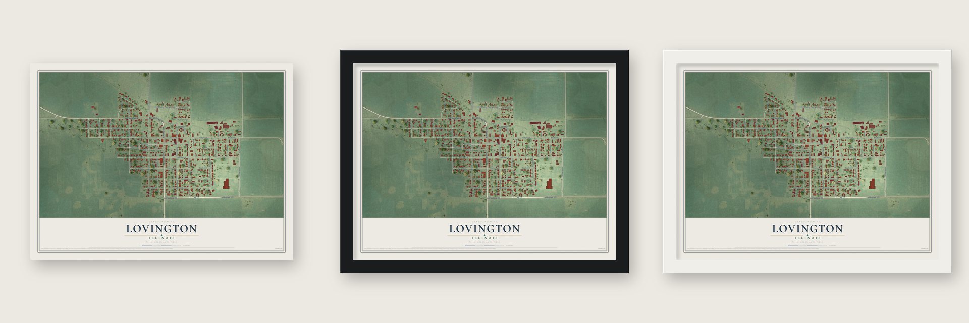 Lovington, Illinois map unframed, in a black wood frame and in a white wood frame
