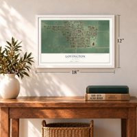 Lovington, Illinois map, 12 x 18 inch print in a white frame in an entryway