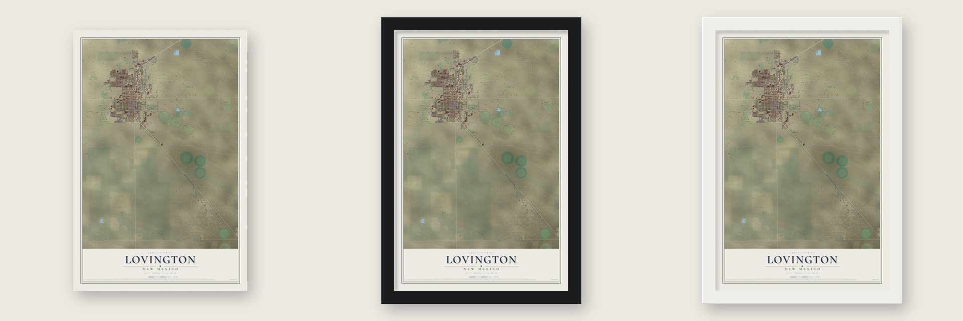 Lovington, New Mexico map unframed, in a black wood frame and in a white wood frame