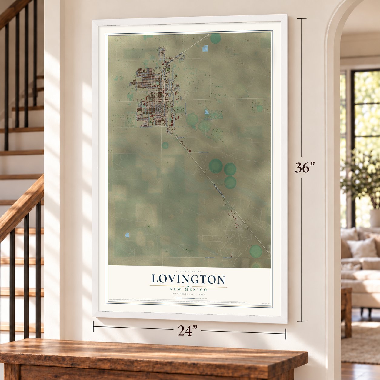Lovington, New Mexico map, 24 x 36 inch print in a white frame by a staircase