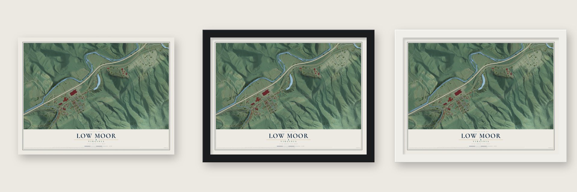 Low Moor, Virginia map unframed, in a black wood frame and in a white wood frame