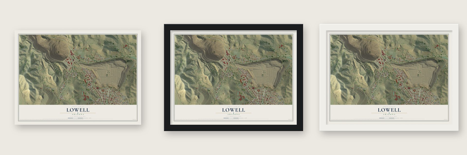Lowell, Arizona map unframed, in a black wood frame and in a white wood frame