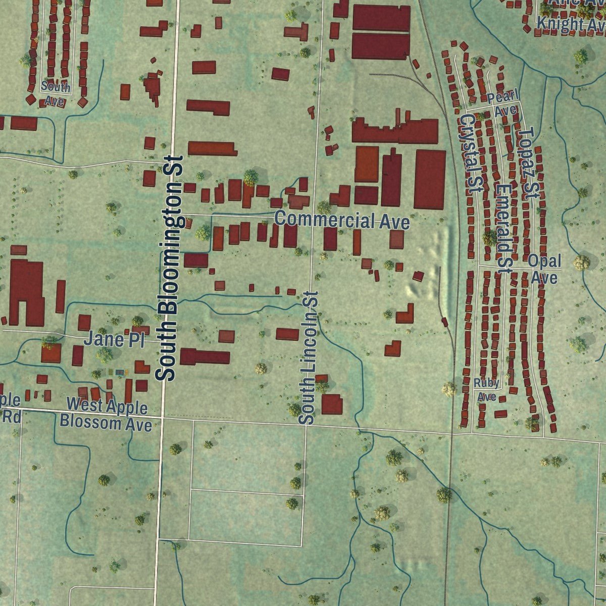 Second close-up of the map of Lowell, Arkansas print showing more streets and buildings