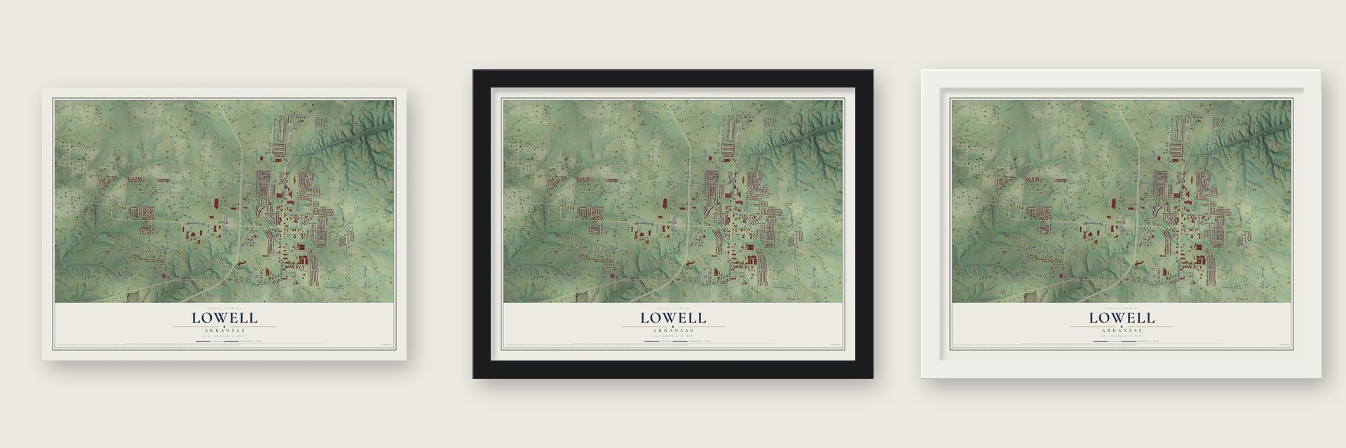 Lowell, Arkansas map unframed, in a black wood frame and in a white wood frame
