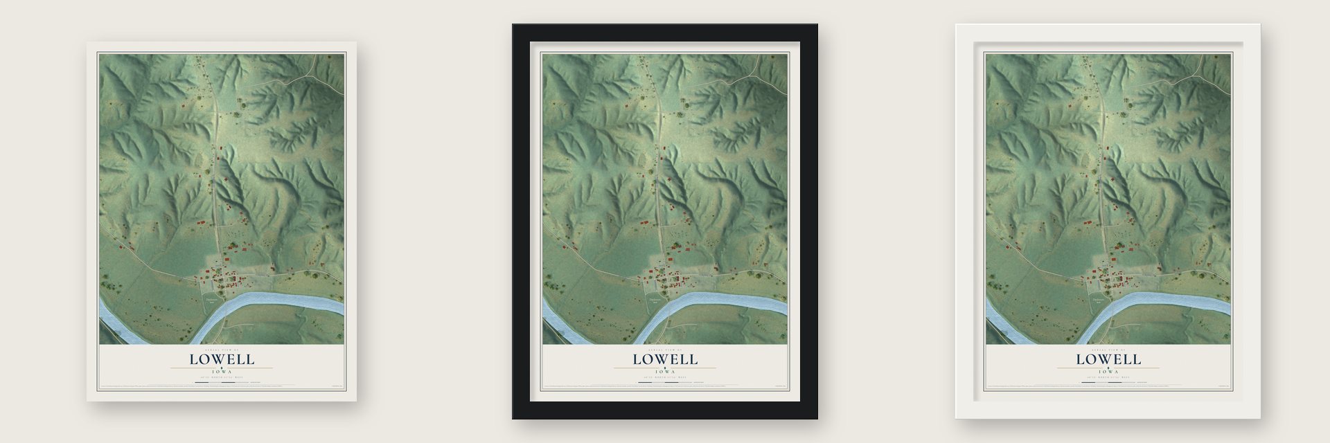 Lowell, Iowa map unframed, in a black wood frame and in a white wood frame