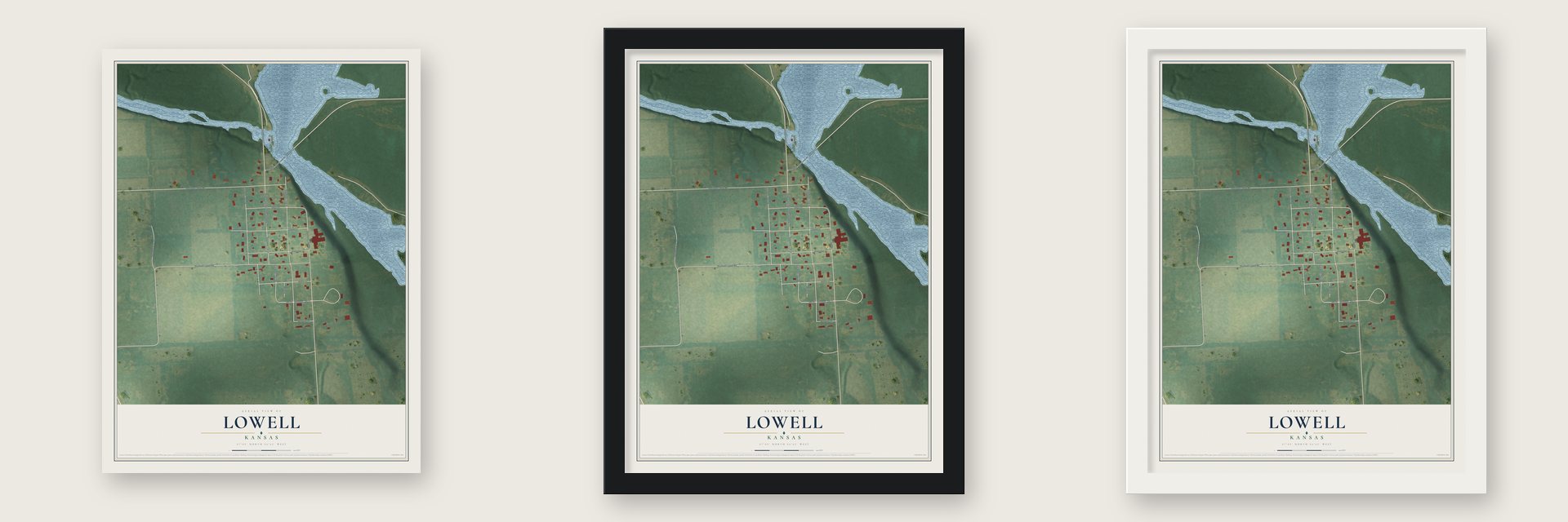 Lowell, Kansas map unframed, in a black wood frame and in a white wood frame