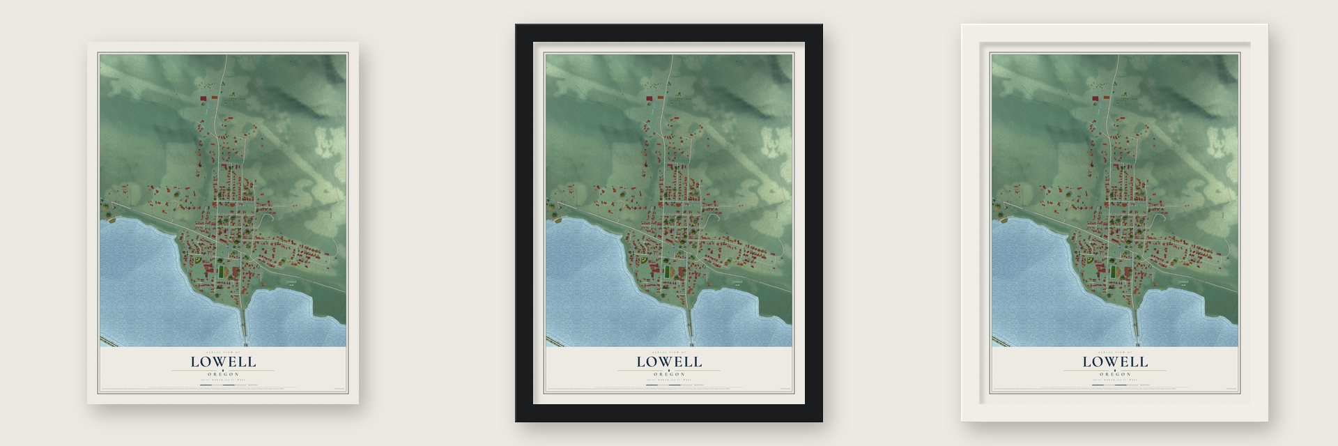 Lowell, Oregon map unframed, in a black wood frame and in a white wood frame