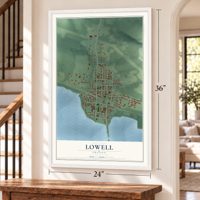 Lowell, Oregon map, 24 x 36 inch print in a white frame by a staircase