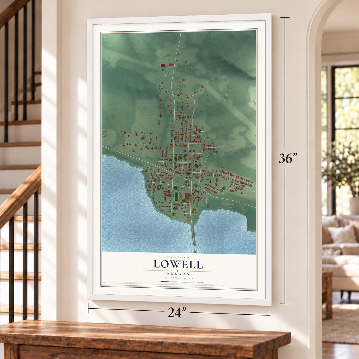 Lowell, Oregon map, 24 x 36 inch print in a white frame by a staircase