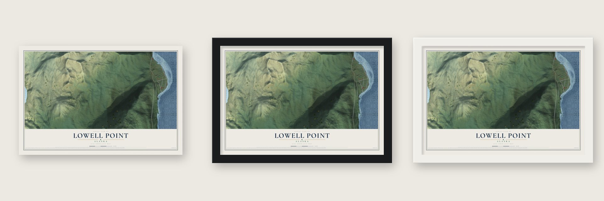 Lowell Point, Alaska map unframed, in a black wood frame and in a white wood frame