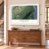 Lowell Point, Alaska map, 24 x 36 inch print in a white frame above a dresser by a staircase