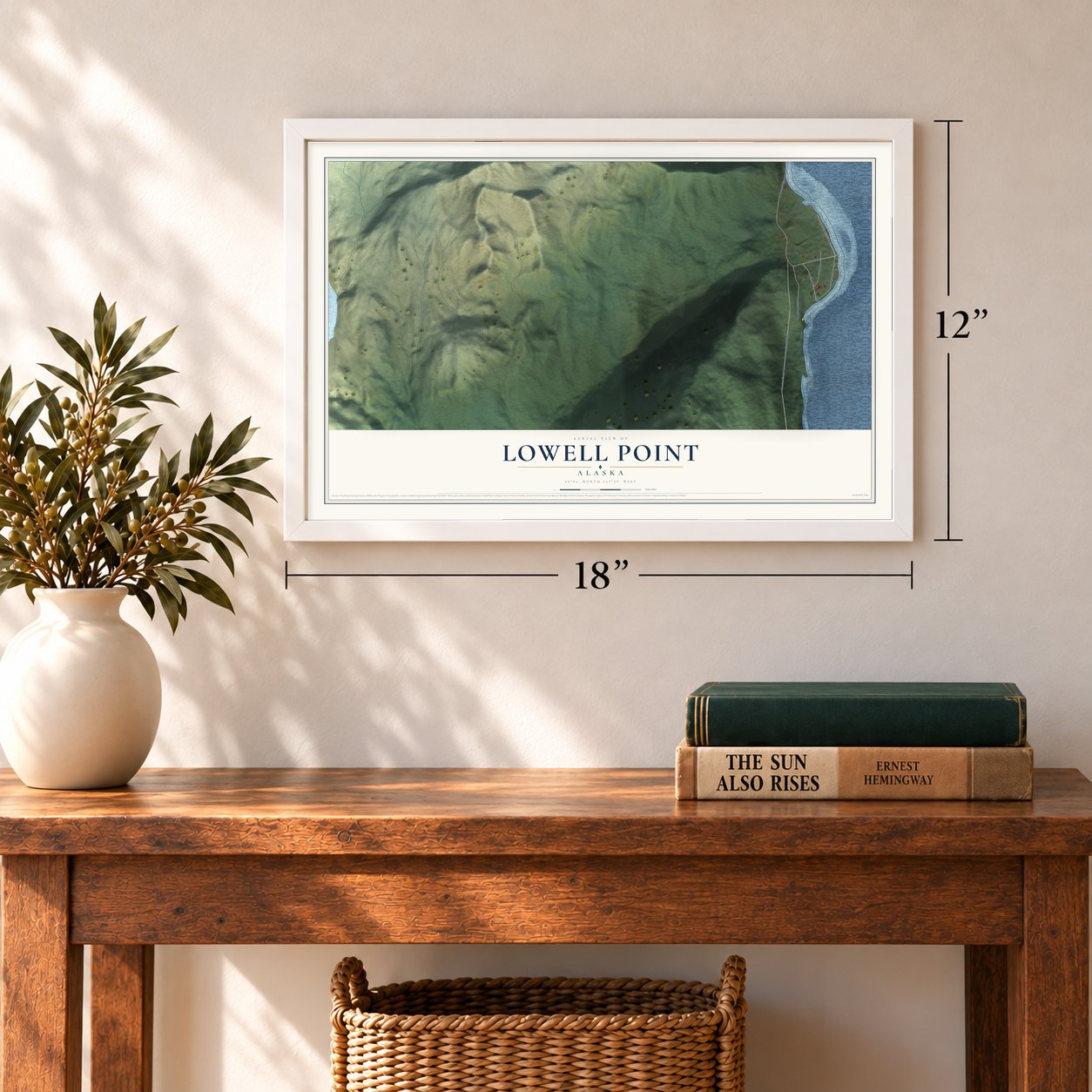 Lowell Point, Alaska map, 12 x 18 inch print in a white frame in an entryway
