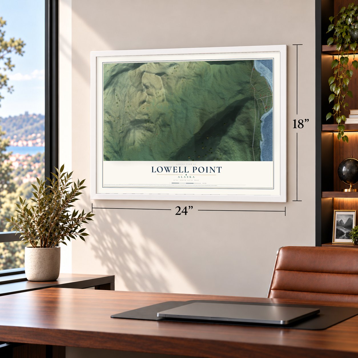 Lowell Point, Alaska map, 18 x 24 inch print in a white frame in a home office