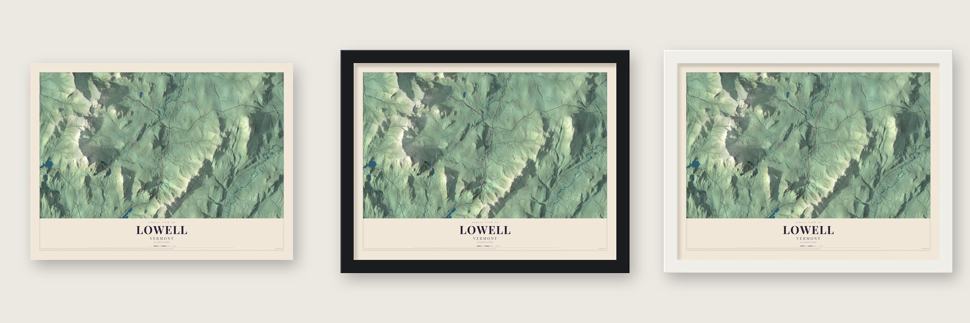 Lowell, Vermont map unframed, in a black wood frame and in a white wood frame