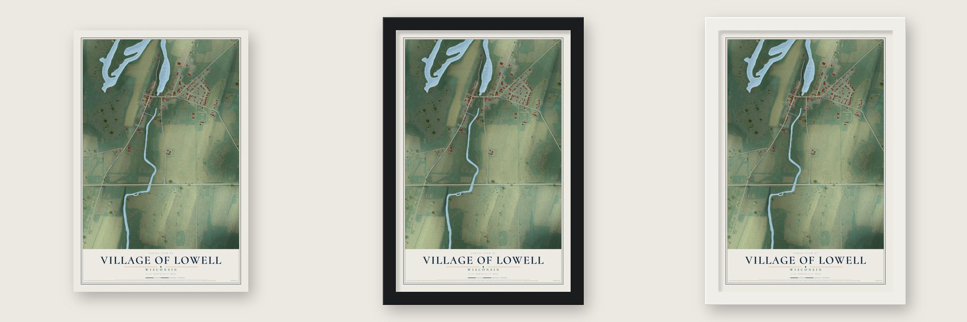 Lowell, Wisconsin map unframed, in a black wood frame and in a white wood frame