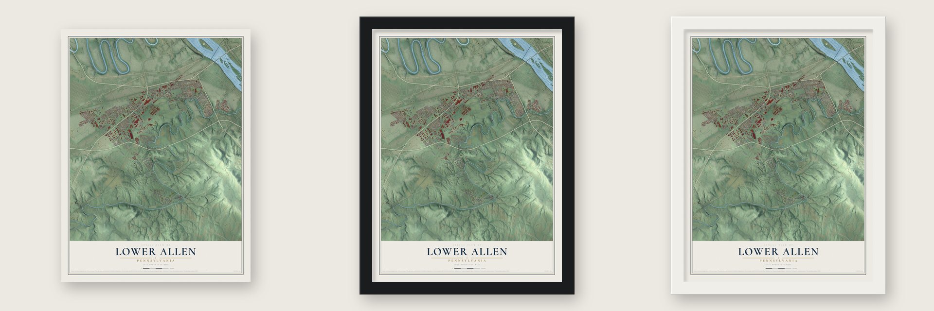 Lower Allen, Pennsylvania map unframed, in a black wood frame and in a white wood frame