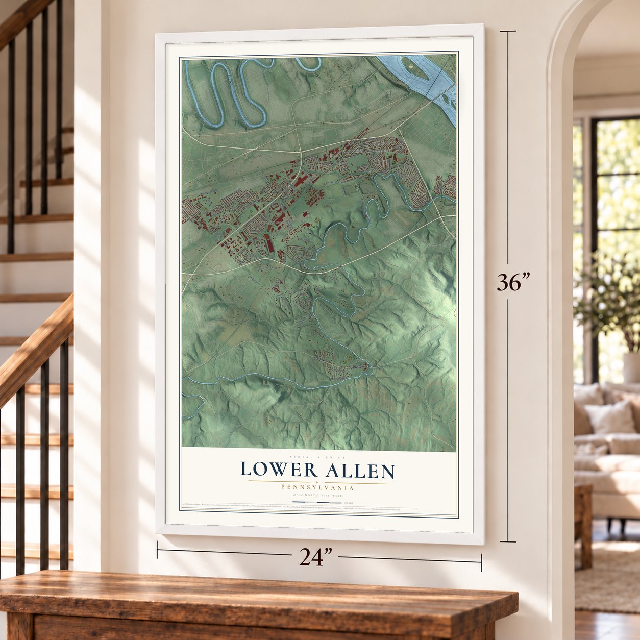 Lower Allen, Pennsylvania map, 24 x 36 inch print in a white frame by a staircase