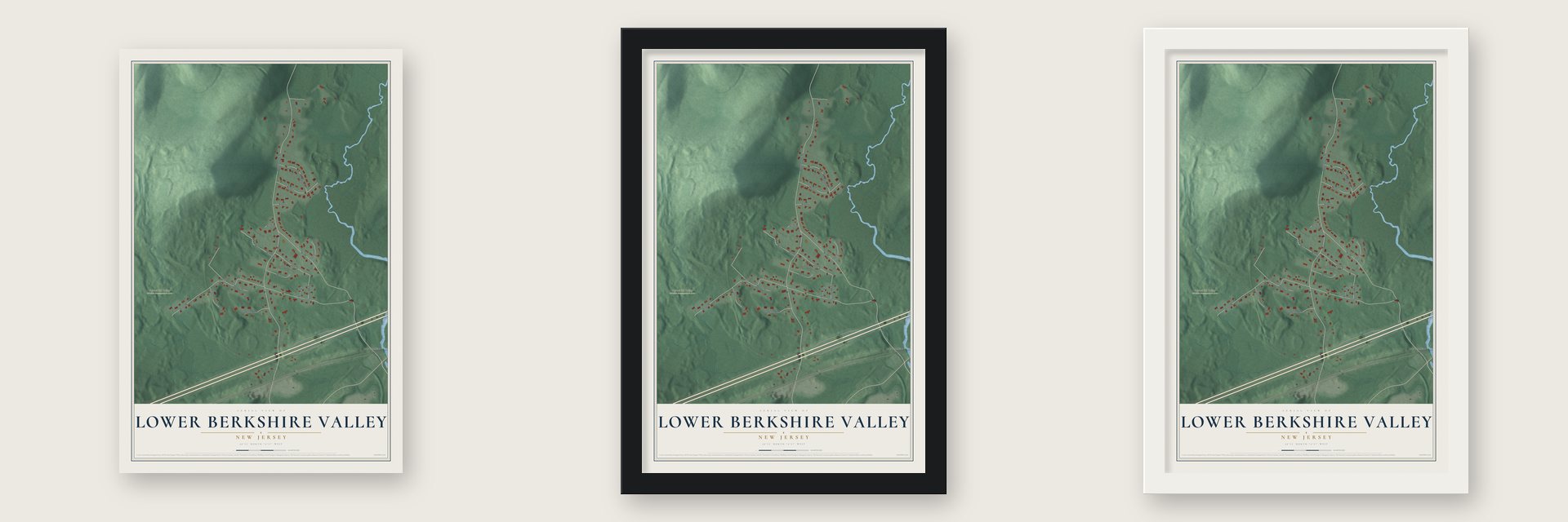 Lower Berkshire Valley, New Jersey map unframed, in a black wood frame and in a white wood frame