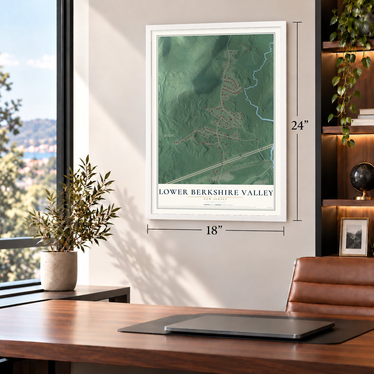 Lower Berkshire Valley, New Jersey map, 18 x 24 inch print in a white frame in a home office