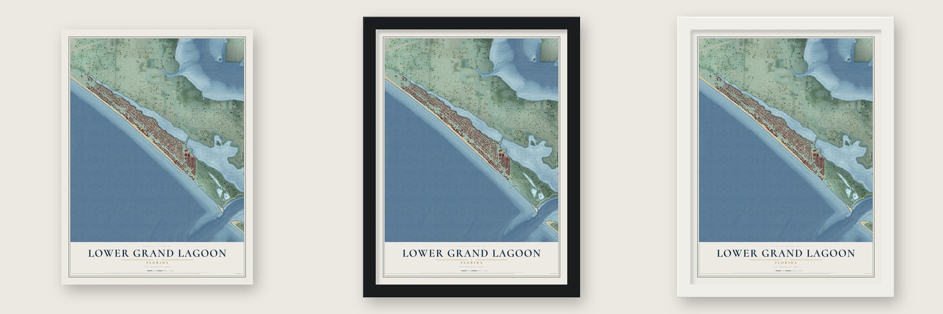 Lower Grand Lagoon, Florida map unframed, in a black wood frame and in a white wood frame