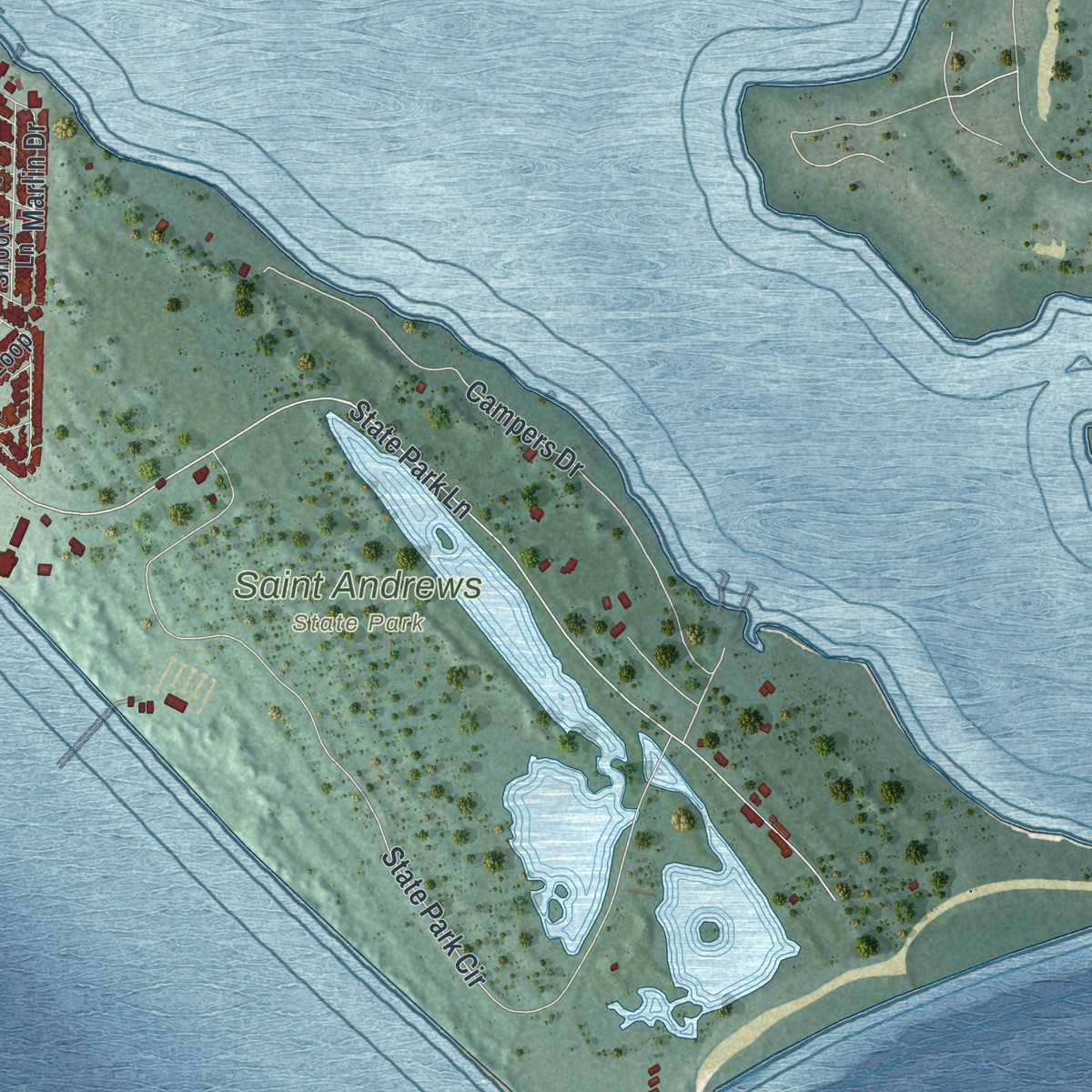 Second close-up of the map of Lower Grand Lagoon, Florida print showing more streets and buildings