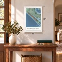 Lower Grand Lagoon, Florida map, 12 x 18 inch print in a white frame in an entryway