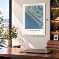 Lower Grand Lagoon, Florida map, 18 x 24 inch print in a white frame in a home office