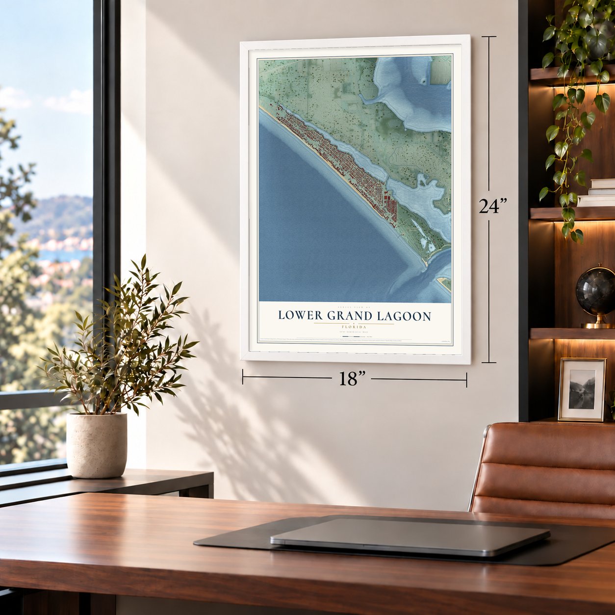 Lower Grand Lagoon, Florida map, 18 x 24 inch print in a white frame in a home office