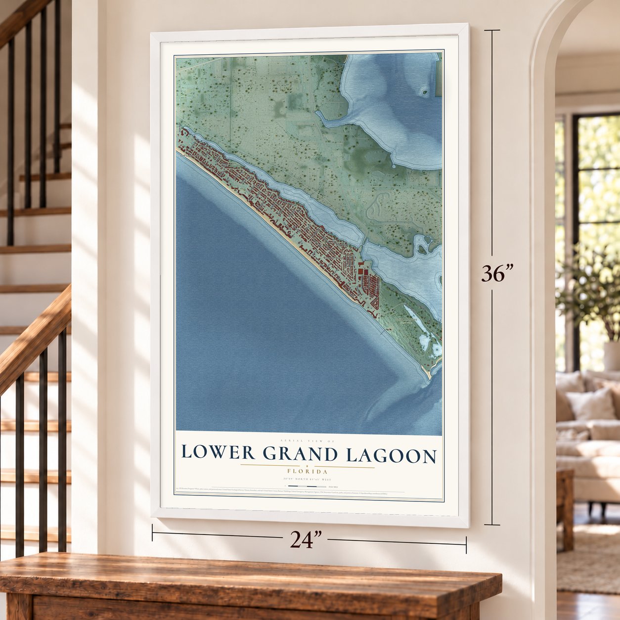 Lower Grand Lagoon, Florida map, 24 x 36 inch print in a white frame by a staircase
