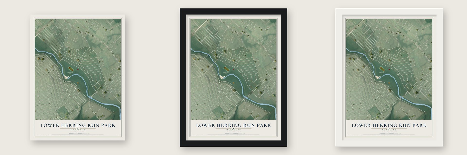 Lower Herring Run Park, Maryland map unframed, in a black wood frame and in a white wood frame