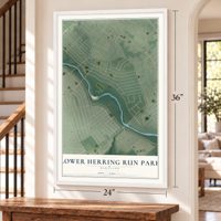 Lower Herring Run Park, Maryland map, 24 x 36 inch print in a white frame by a staircase