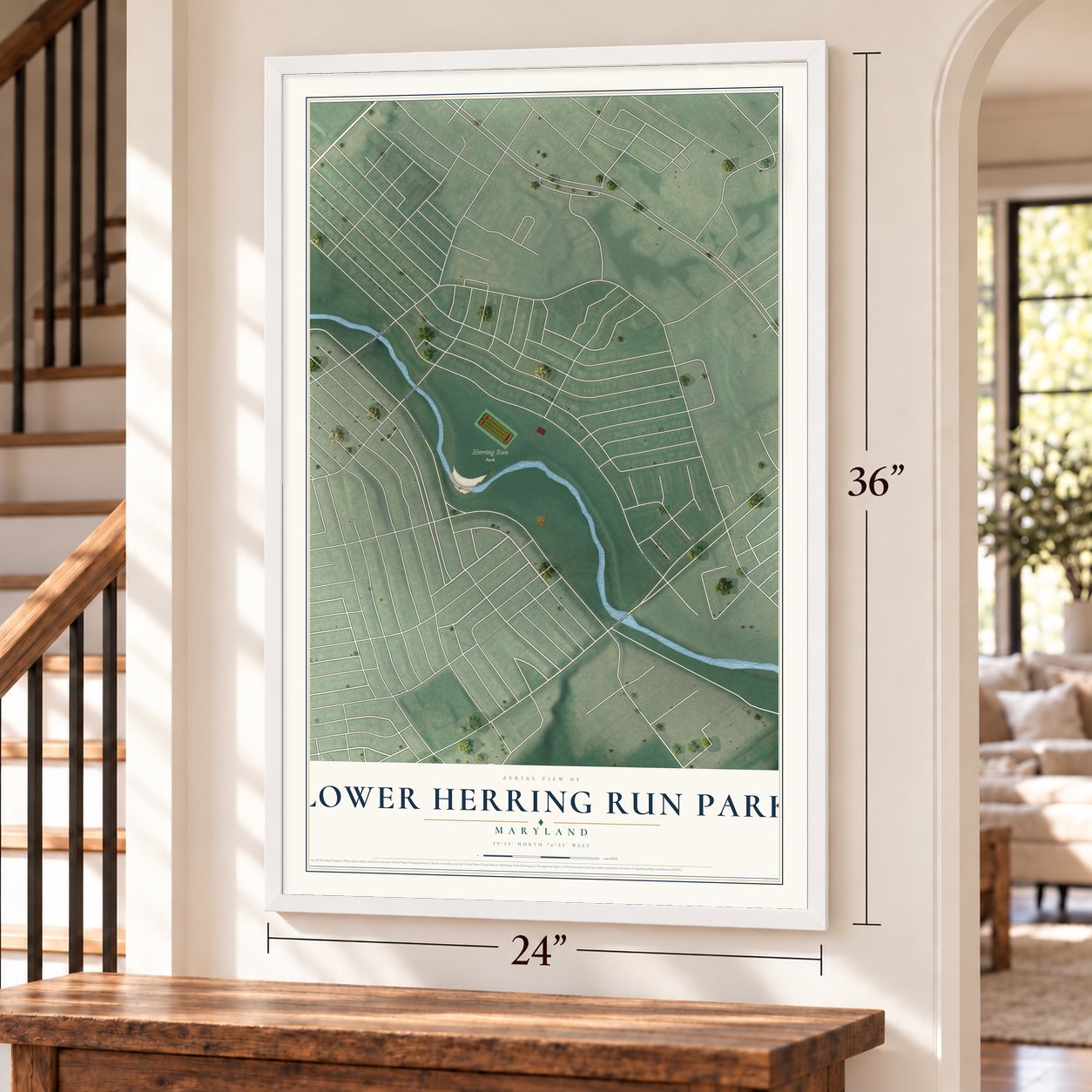Lower Herring Run Park, Maryland map, 24 x 36 inch print in a white frame by a staircase