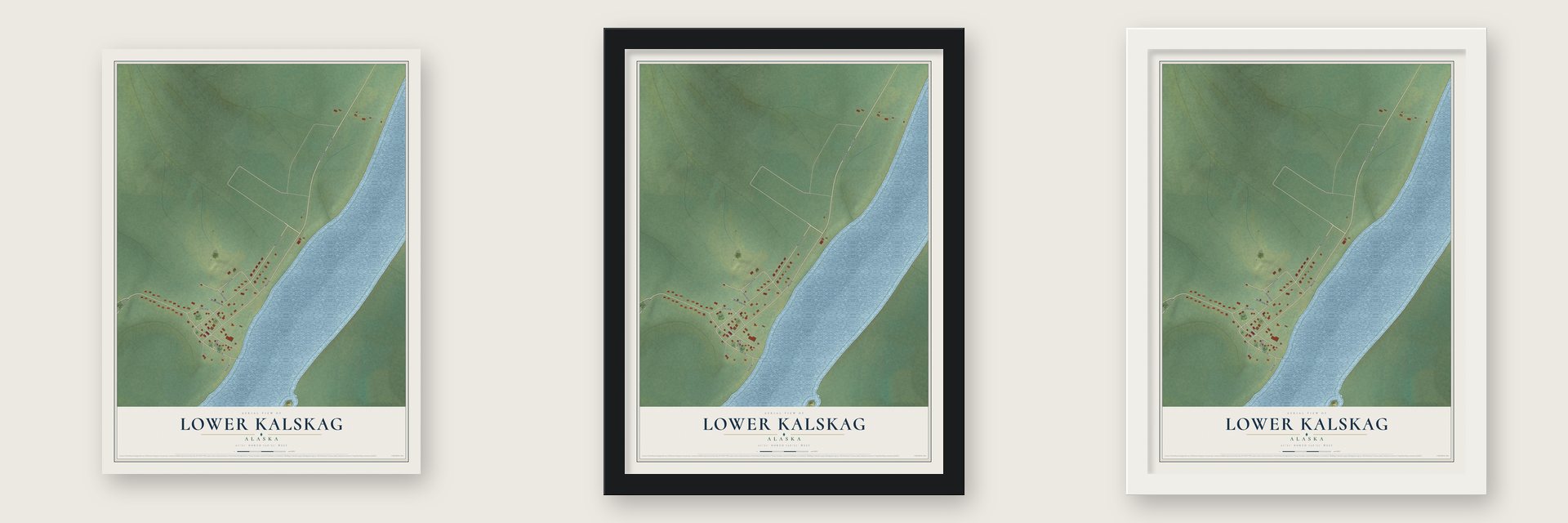 Lower Kalskag, Alaska map unframed, in a black wood frame and in a white wood frame