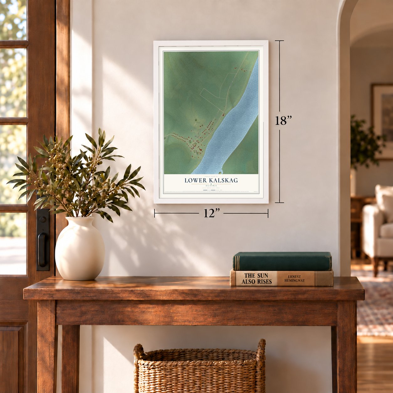 Lower Kalskag, Alaska map, 12 x 18 inch print in a white frame in an entryway